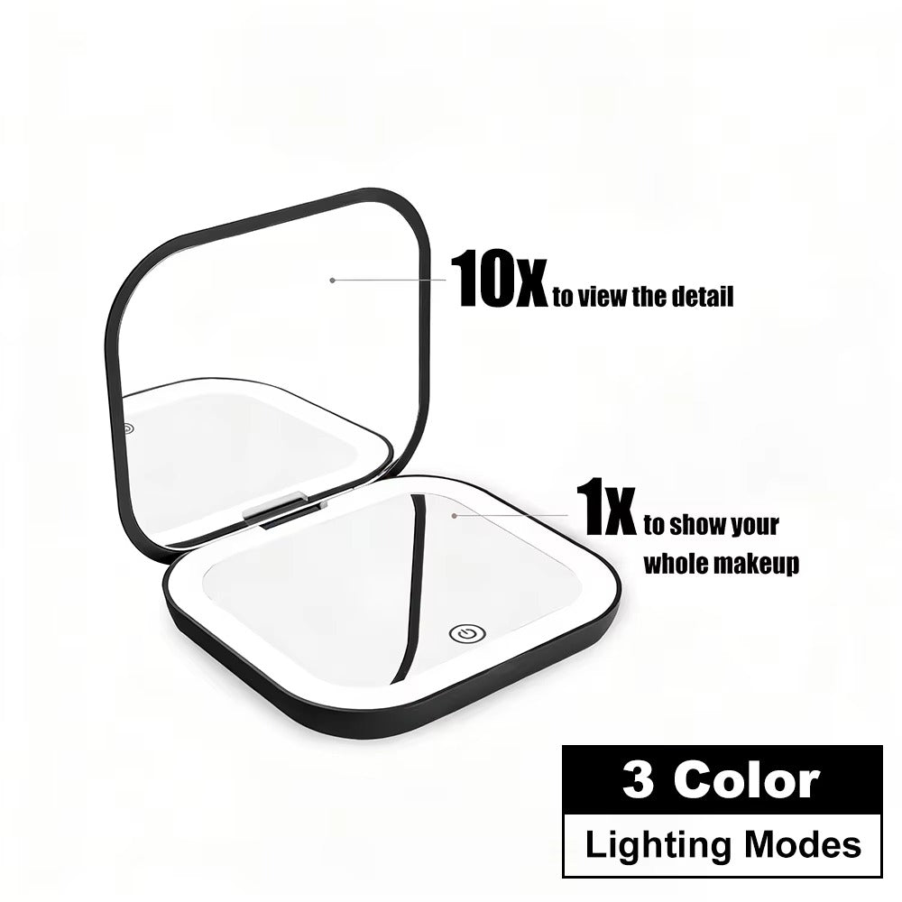 Rechargeable LED Lighted Compact Makeup Mirror – 1X/10X Magnification, 3 Brightness Modes
