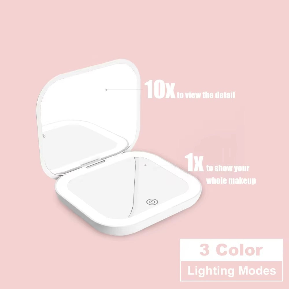 Rechargeable LED Lighted Compact Makeup Mirror – 1X/10X Magnification, 3 Brightness Modes