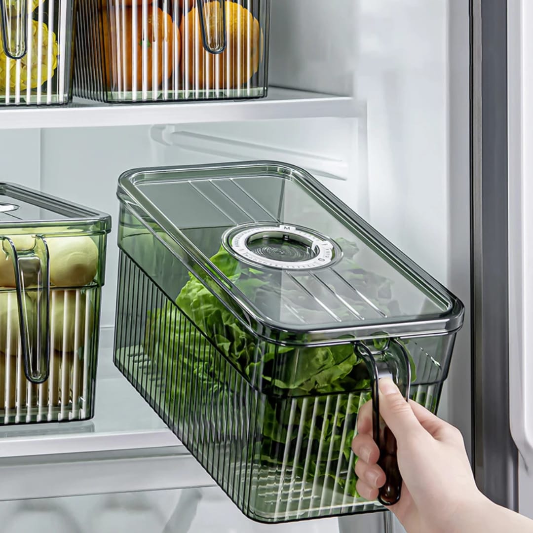 Stackable Refrigerator Storage Box with Lid, Handle & Drain Basket – Fresh Food Organizer