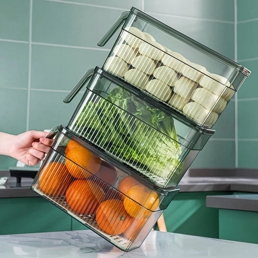 Stackable Refrigerator Storage Box with Lid, Handle & Drain Basket – Fresh Food Organizer
