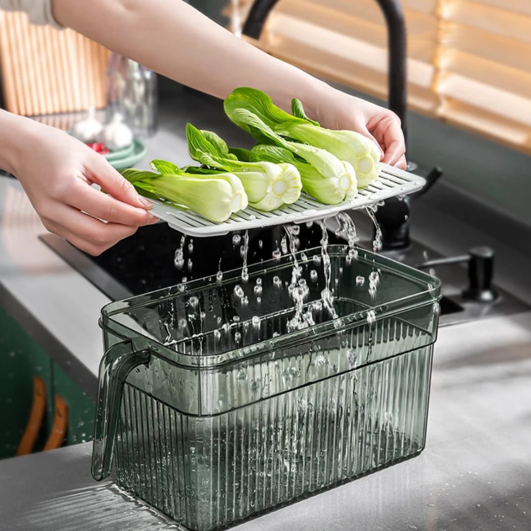 Stackable Refrigerator Storage Box with Lid, Handle & Drain Basket – Fresh Food Organizer
