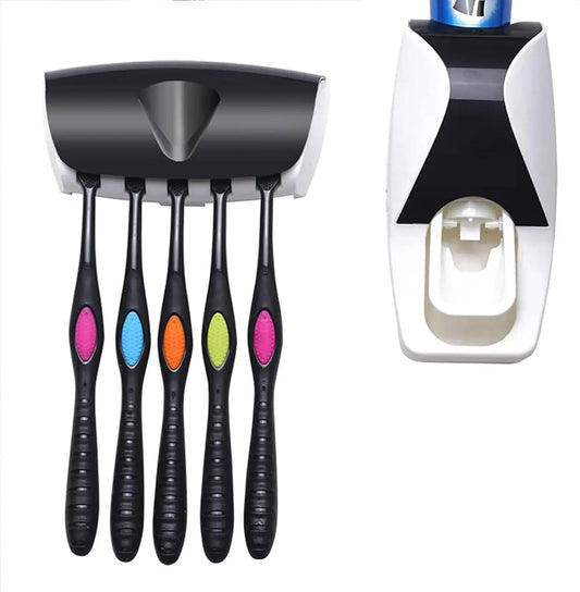 2-in-1 Wall-Mounted Toothpaste Dispenser & 5-Slot Toothbrush Holder