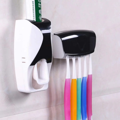 2-in-1 Wall-Mounted Toothpaste Dispenser & 5-Slot Toothbrush Holder