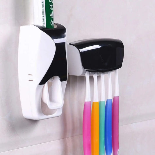 2-in-1 Wall-Mounted Toothpaste Dispenser & 5-Slot Toothbrush Holder