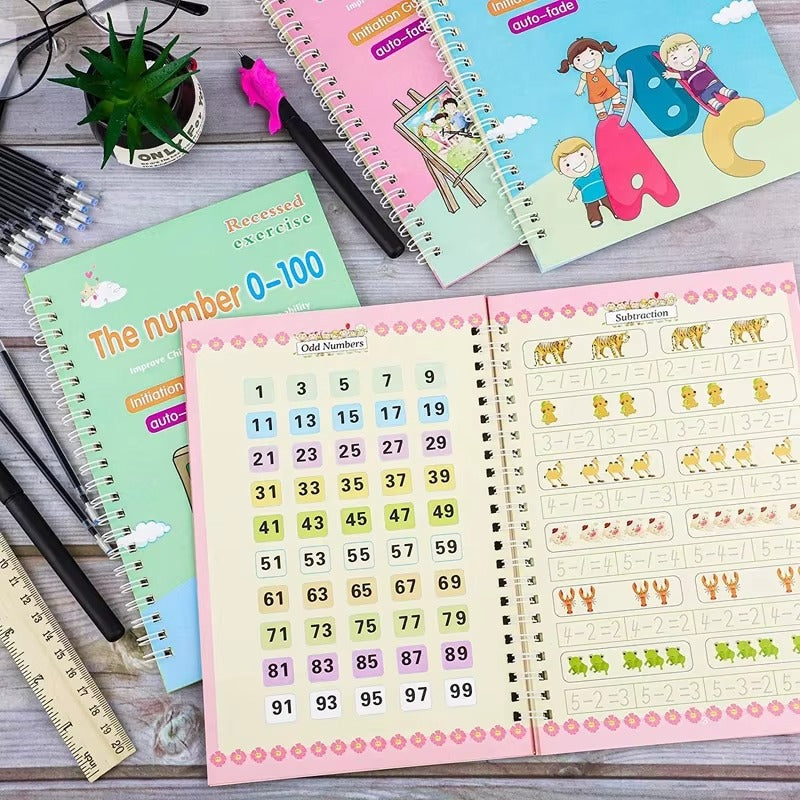 Magic Reusable Kids Learning Books Set of 4 – Writing, Math, Numbers & Drawing Practice